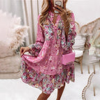 Floral print party dress with long sleeves and V-neck, tiered skirt in pink