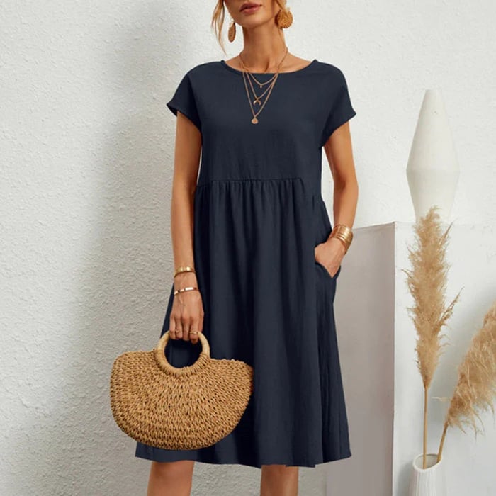 Sophie™ midi dress in navy blue, short sleeves, gathered waist, loose A-line skirt