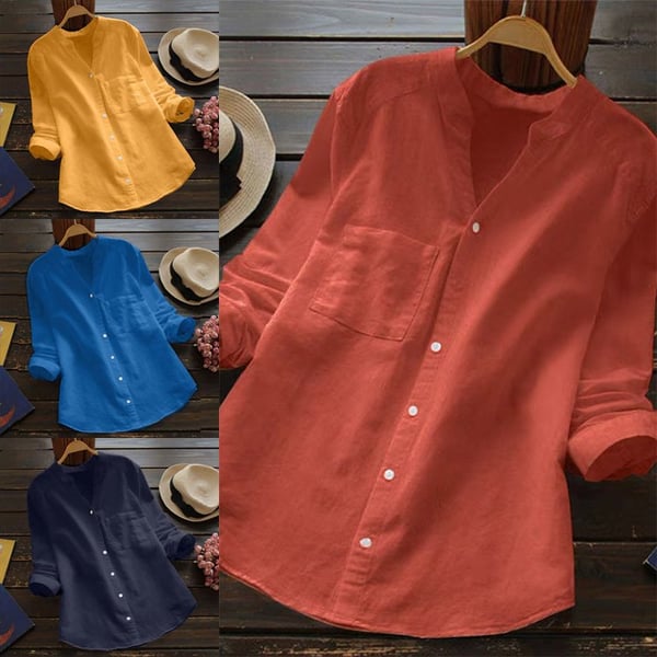 Coral/red casual button-down shirt on hanger with long sleeves and button front