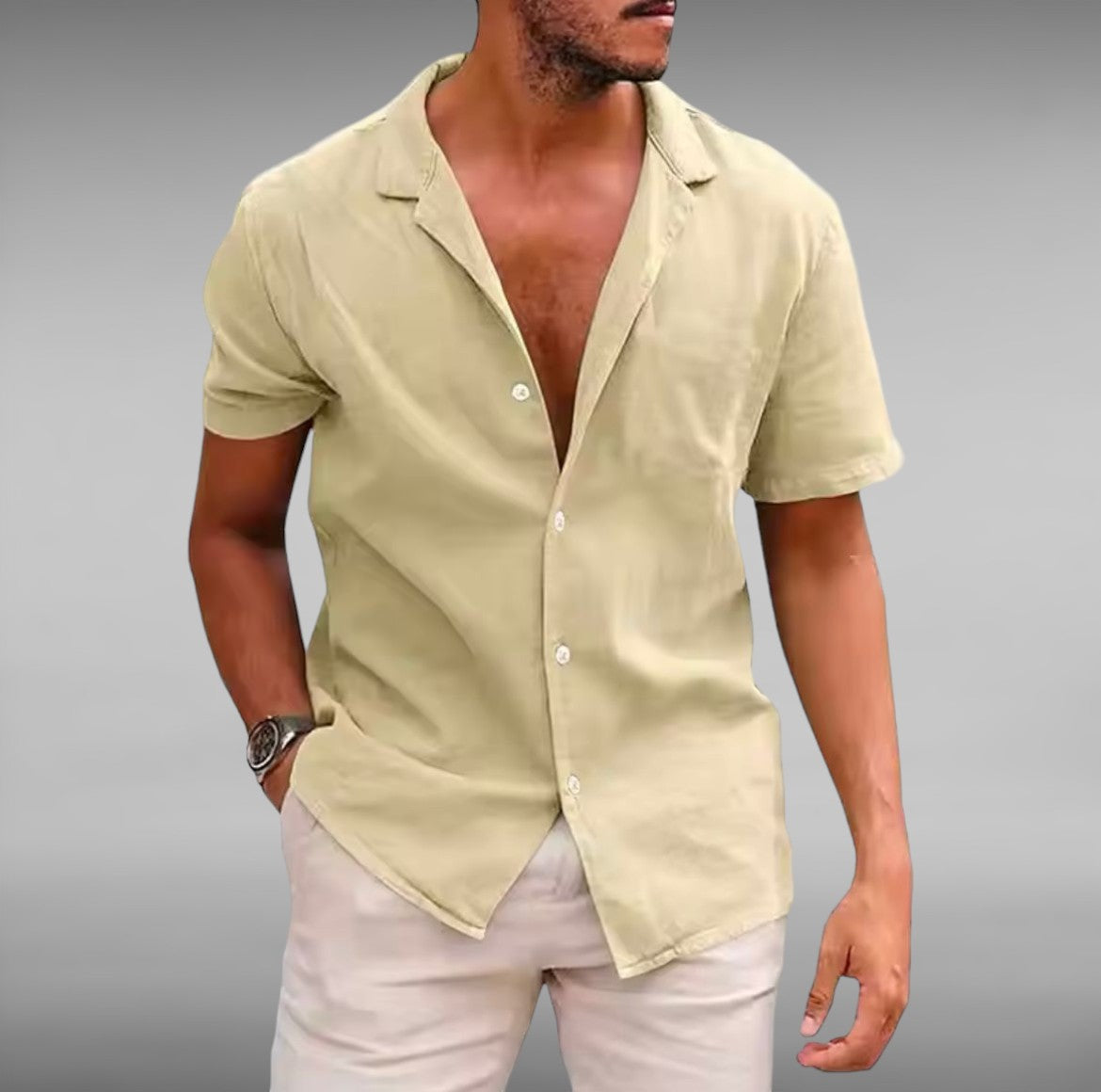 Men's Ruben™ stylish short-sleeve blouse, beige, button-front V-neck collar