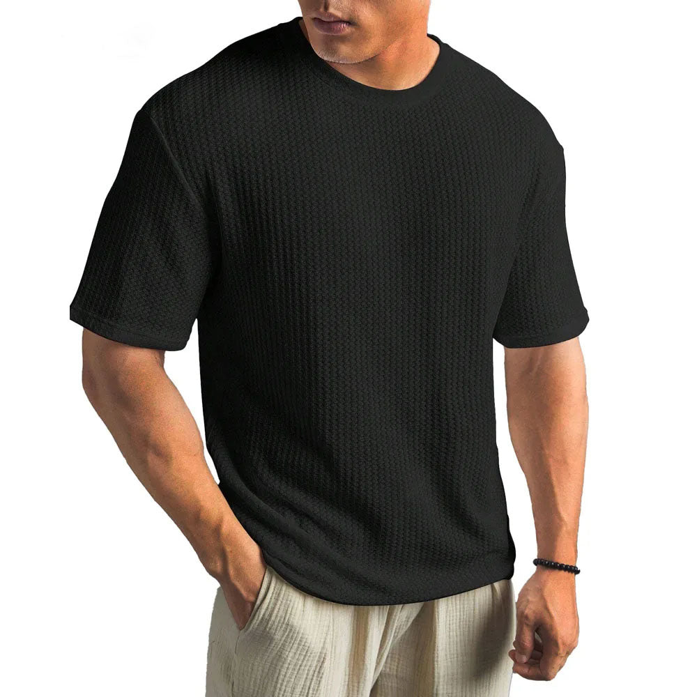 Men's waffle-knit crew-neck t-shirt, black, short sleeves