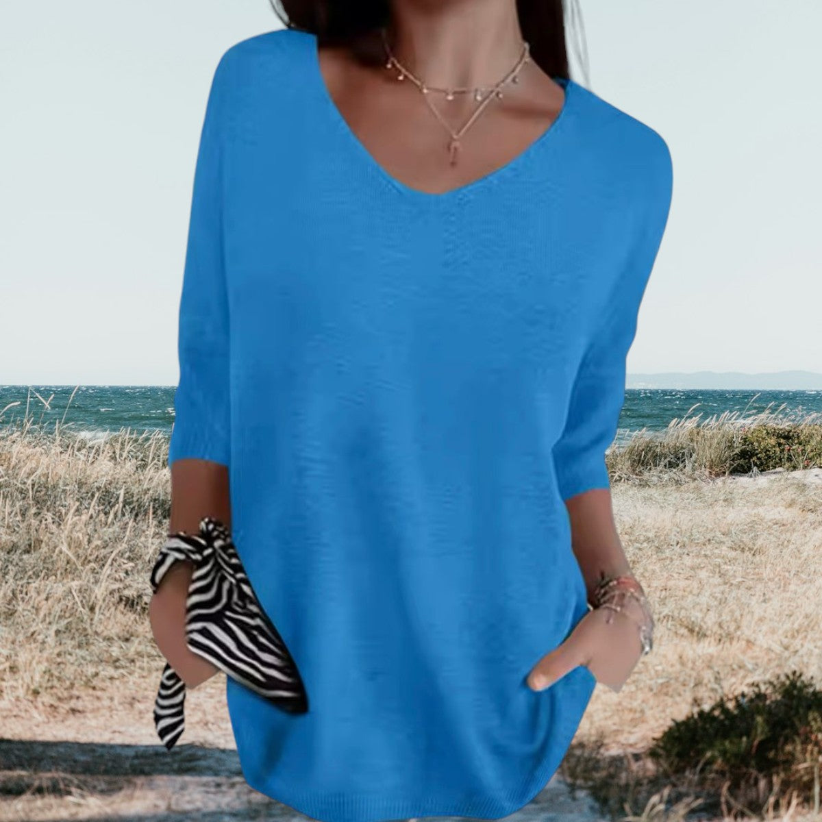 Gerda™ summer V-neck top, blue knit pullover with 3/4 sleeves