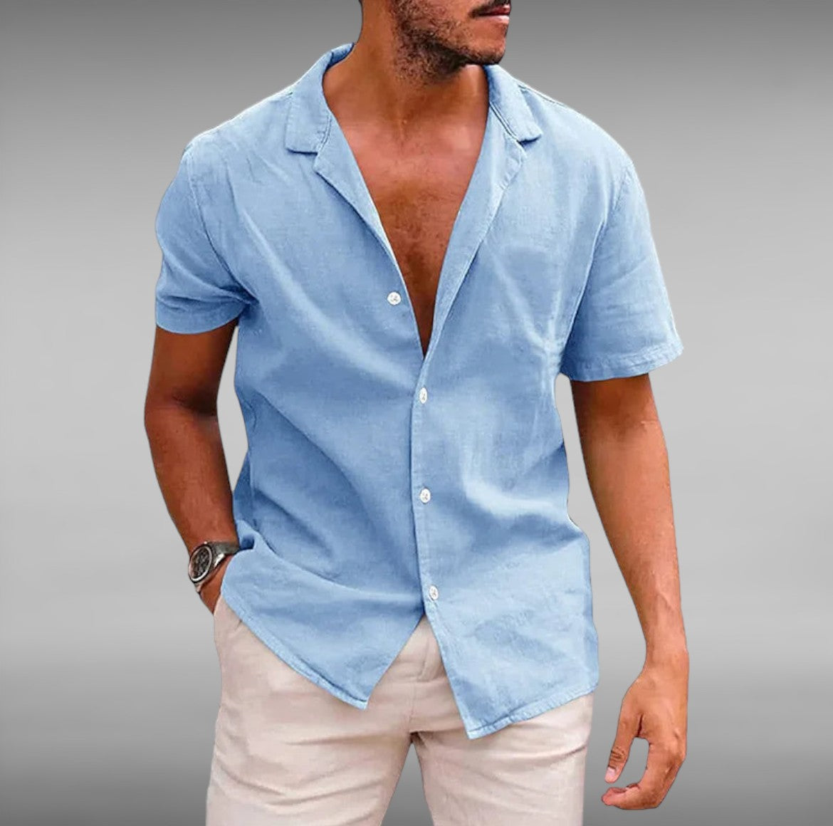 Men's Ruben™ stylish short-sleeve blouse, light blue, button-front V-neck collar