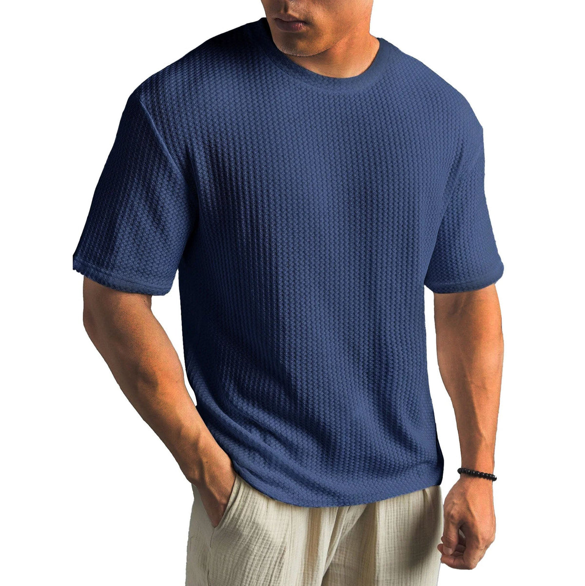 Men's waffle-knit crew-neck t-shirt, navy blue, short sleeves