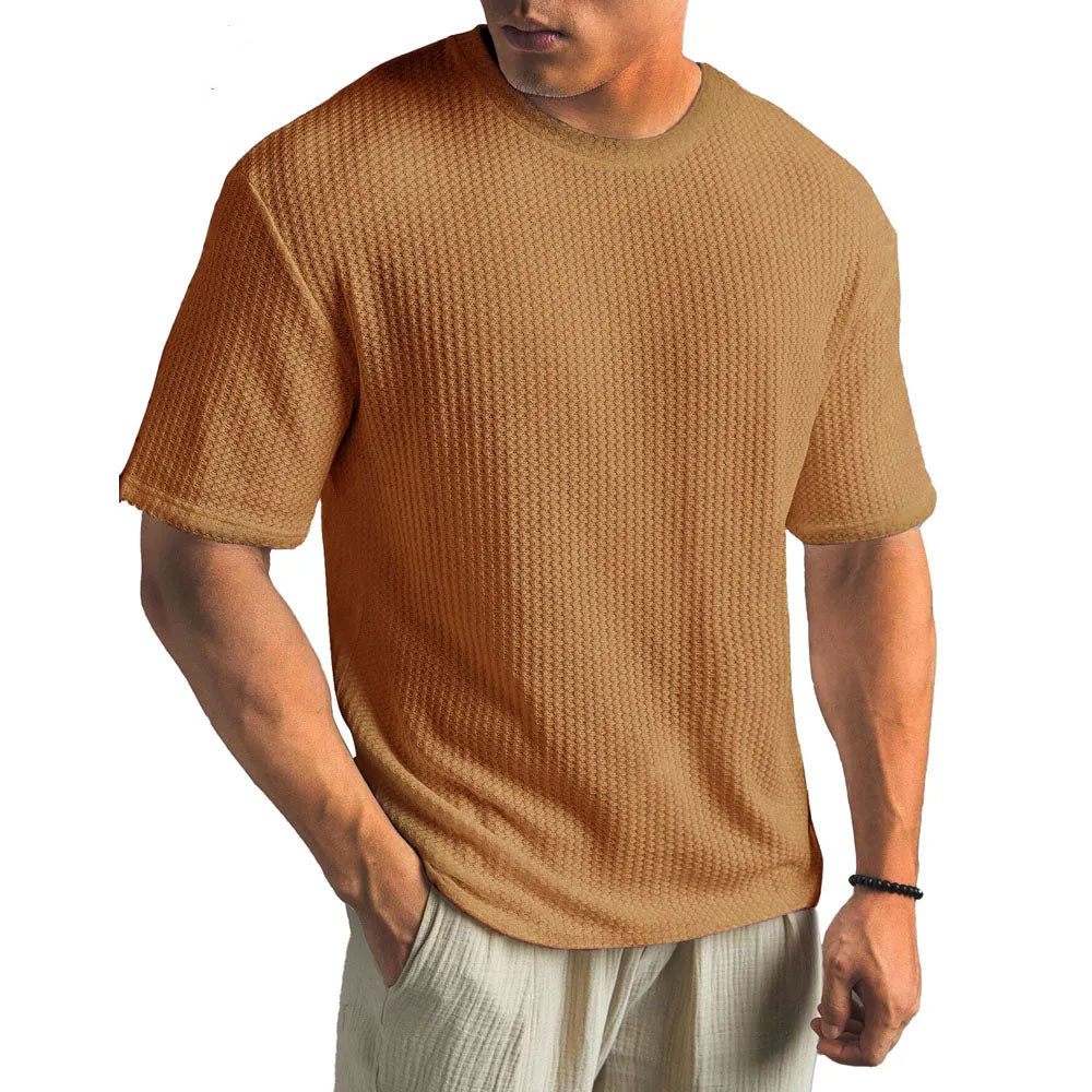 Men's waffle-knit crew-neck t-shirt, brown, short sleeves