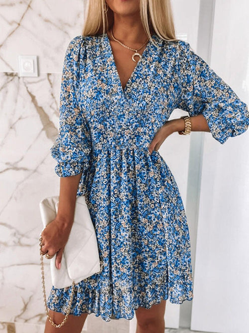 JANNINE floral mini dress in blue with V-neck and three-quarter puff sleeves