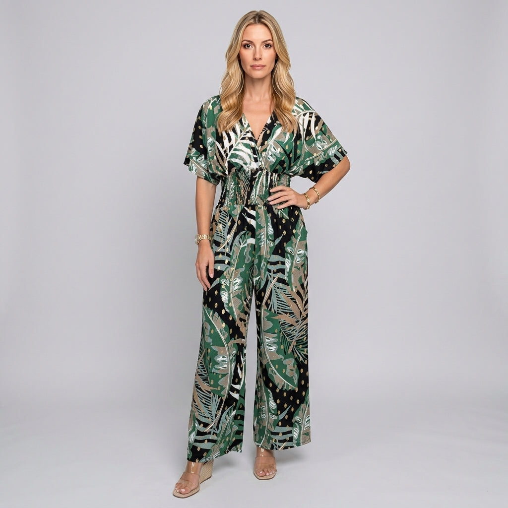 Tropical maxi dress with V-neck and loose fit, green leaf print on dark base
