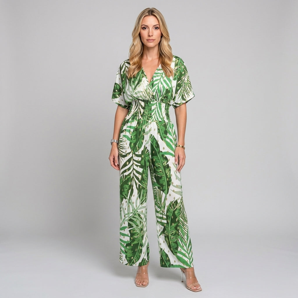 Tropical maxi dress with V-neck and loose fit, white with green leaf print