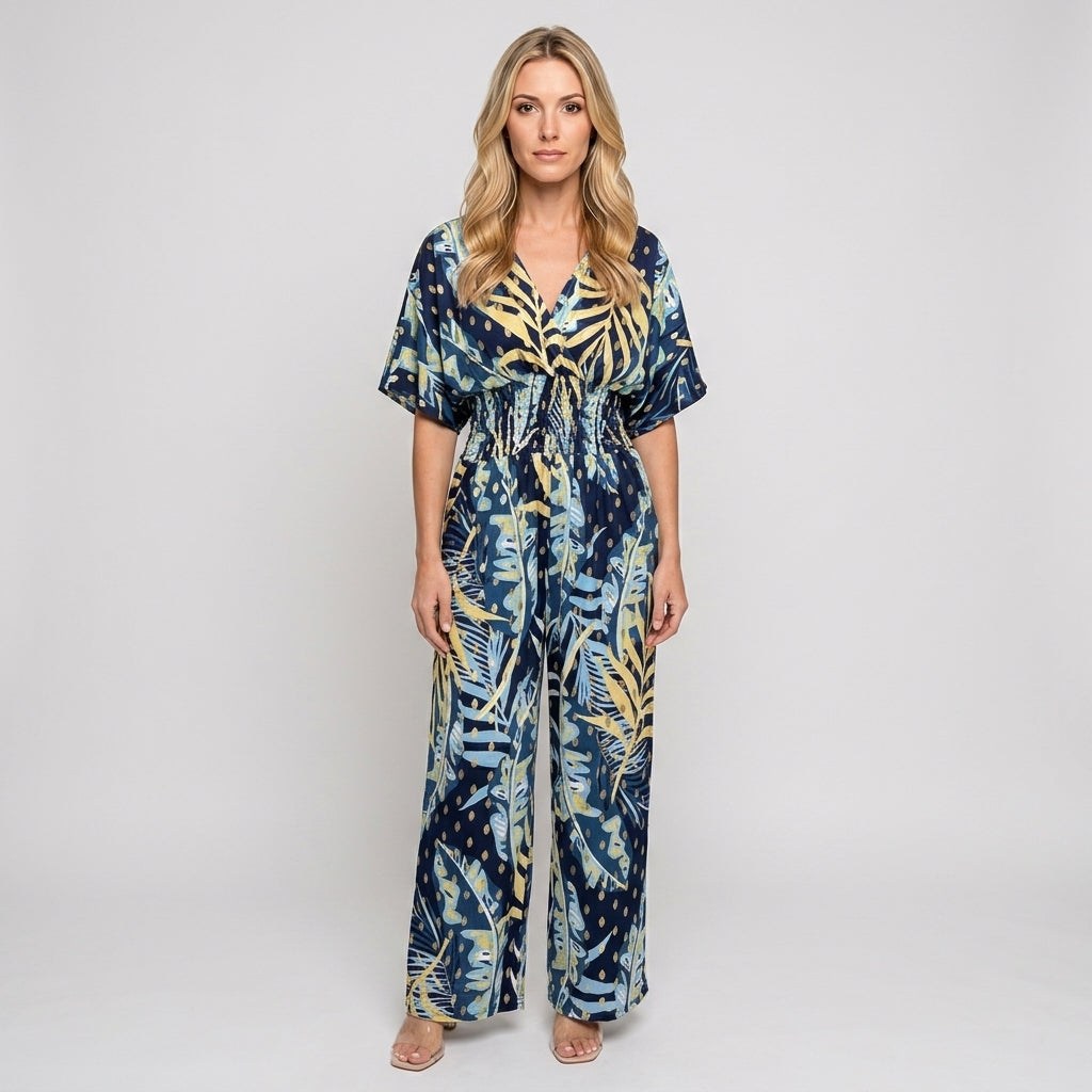 Tropical maxi dress with V-neck and loose fit, navy and yellow leaf print