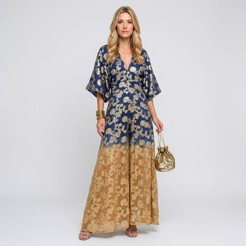 Bohemian maxi dress with V-neck, navy-and-beige floral print, loose three-quarter sleeves