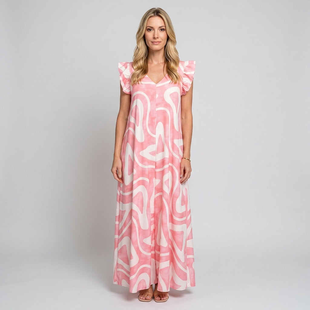 Sleeveless maxi dress with abstract pink-and-white swirl print, short ruffle shoulders
