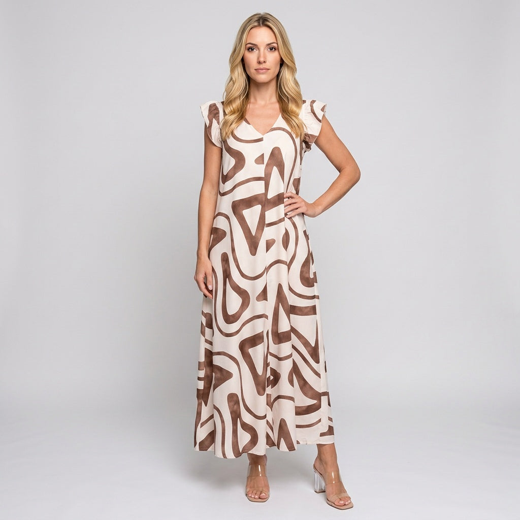 Sleeveless maxi dress with abstract tan-and-cream swirl print, short ruffle shoulders