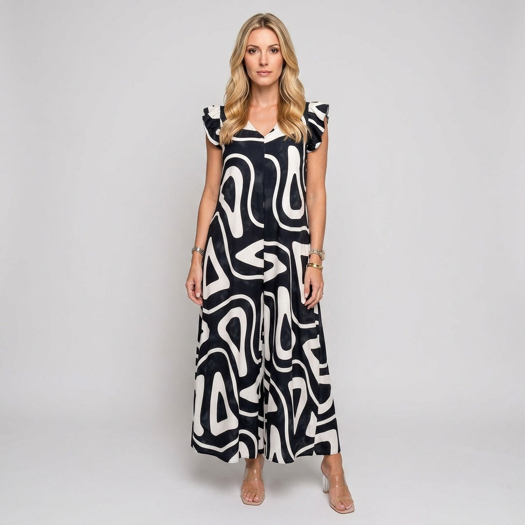 Sleeveless maxi dress with abstract black-and-white swirl print, short ruffle shoulders