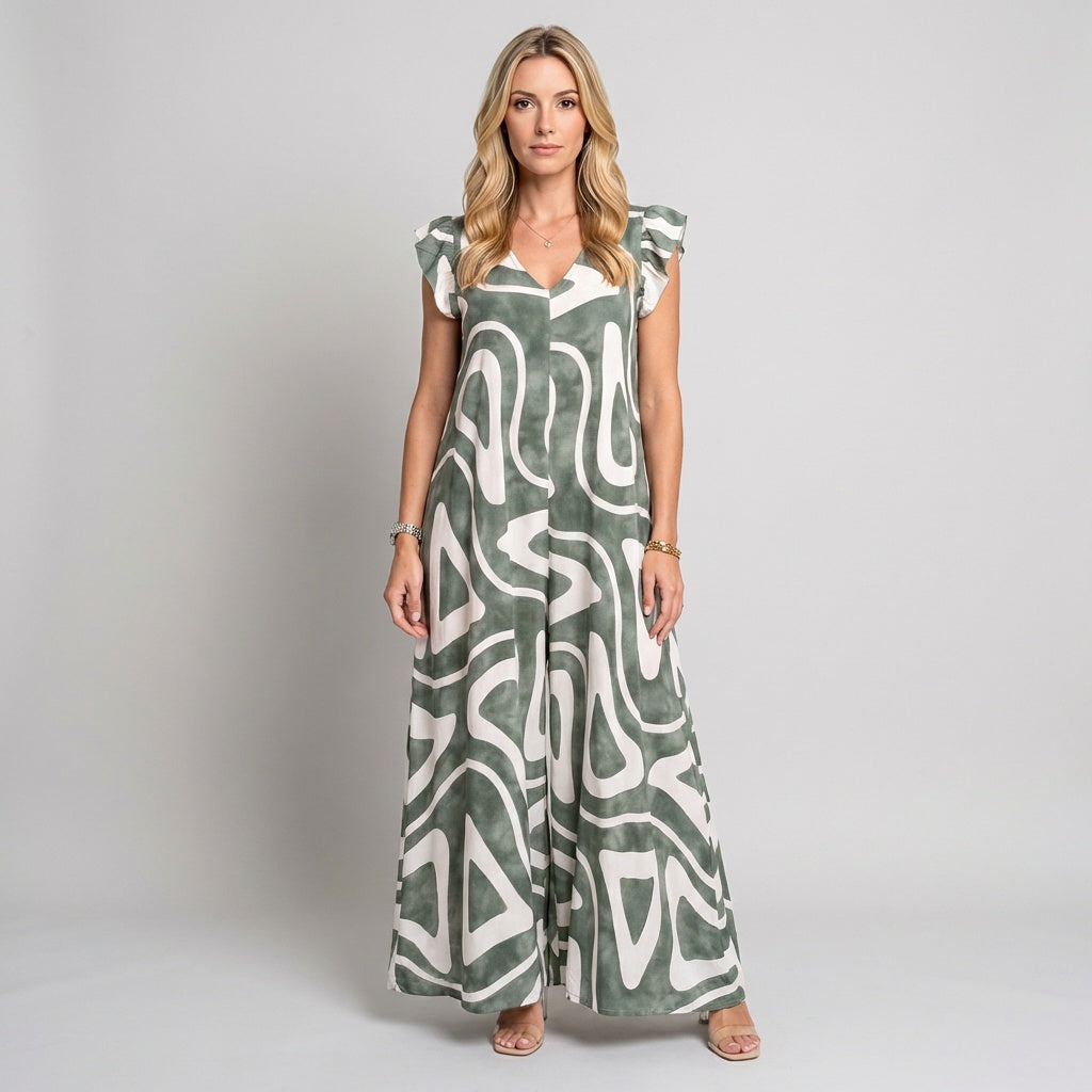 Sleeveless maxi dress with abstract green-and-white swirl print, short ruffle shoulders
