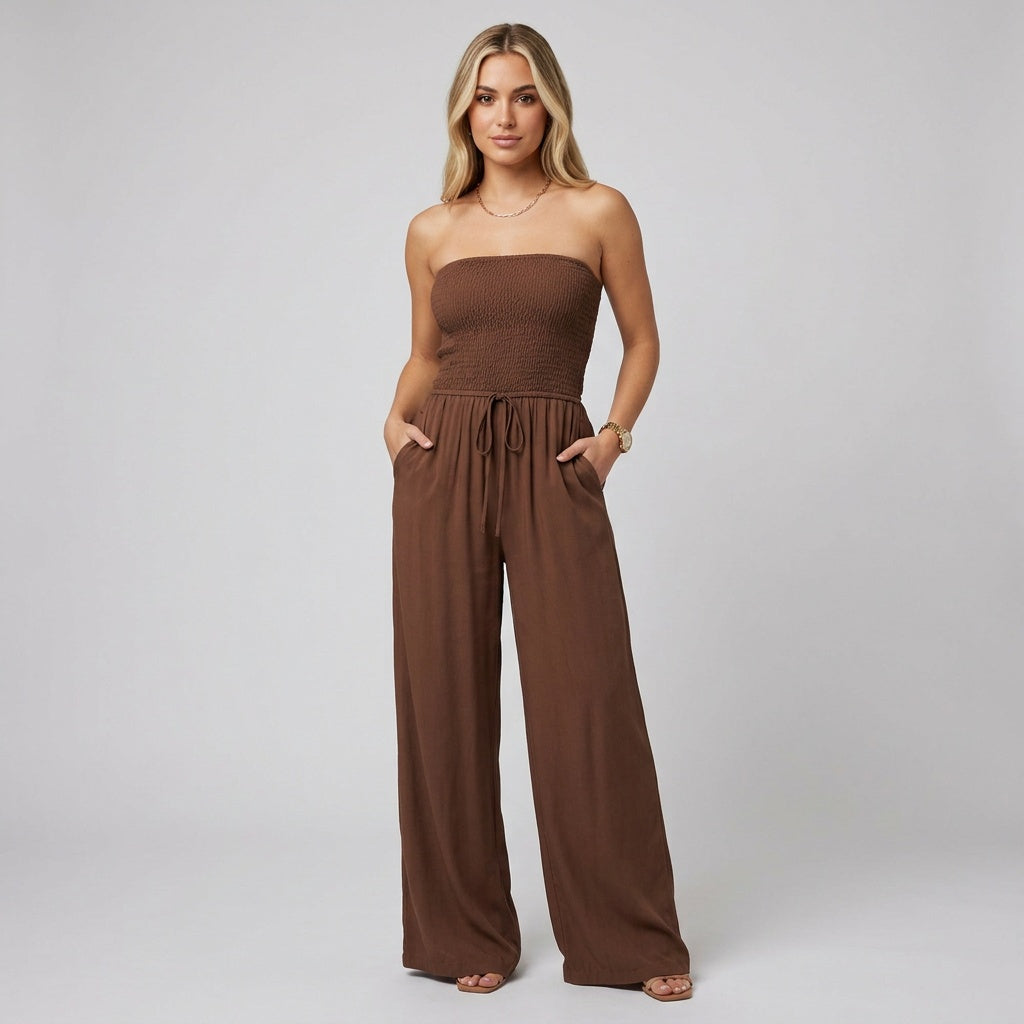 Brown strapless smocked jumpsuit, drawstring waist, wide-leg pants