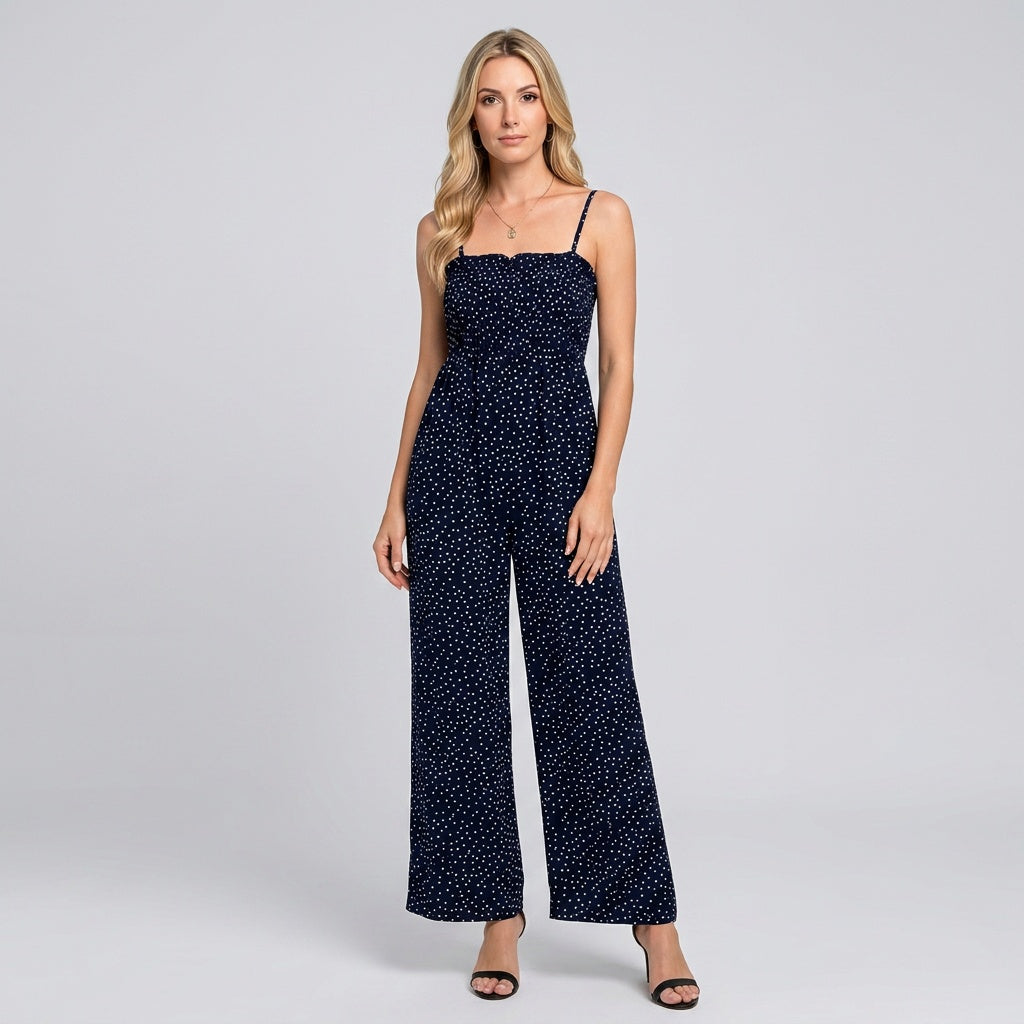 Navy glitter strapless jumpsuit with wide legs and thin spaghetti straps