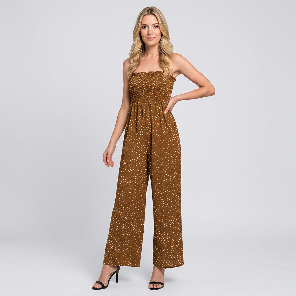 Brown glitter strapless jumpsuit with wide legs and thin spaghetti straps