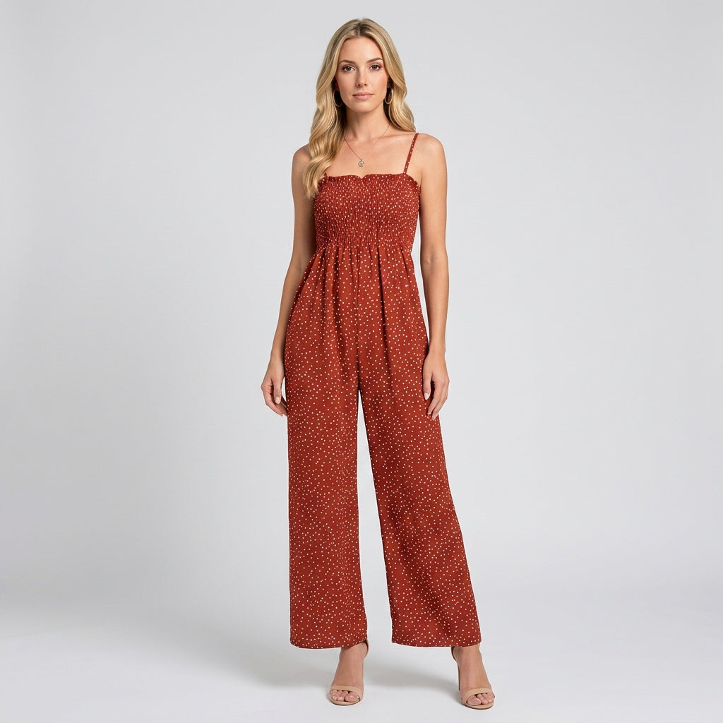 Red glitter strapless jumpsuit with wide legs and thin spaghetti straps