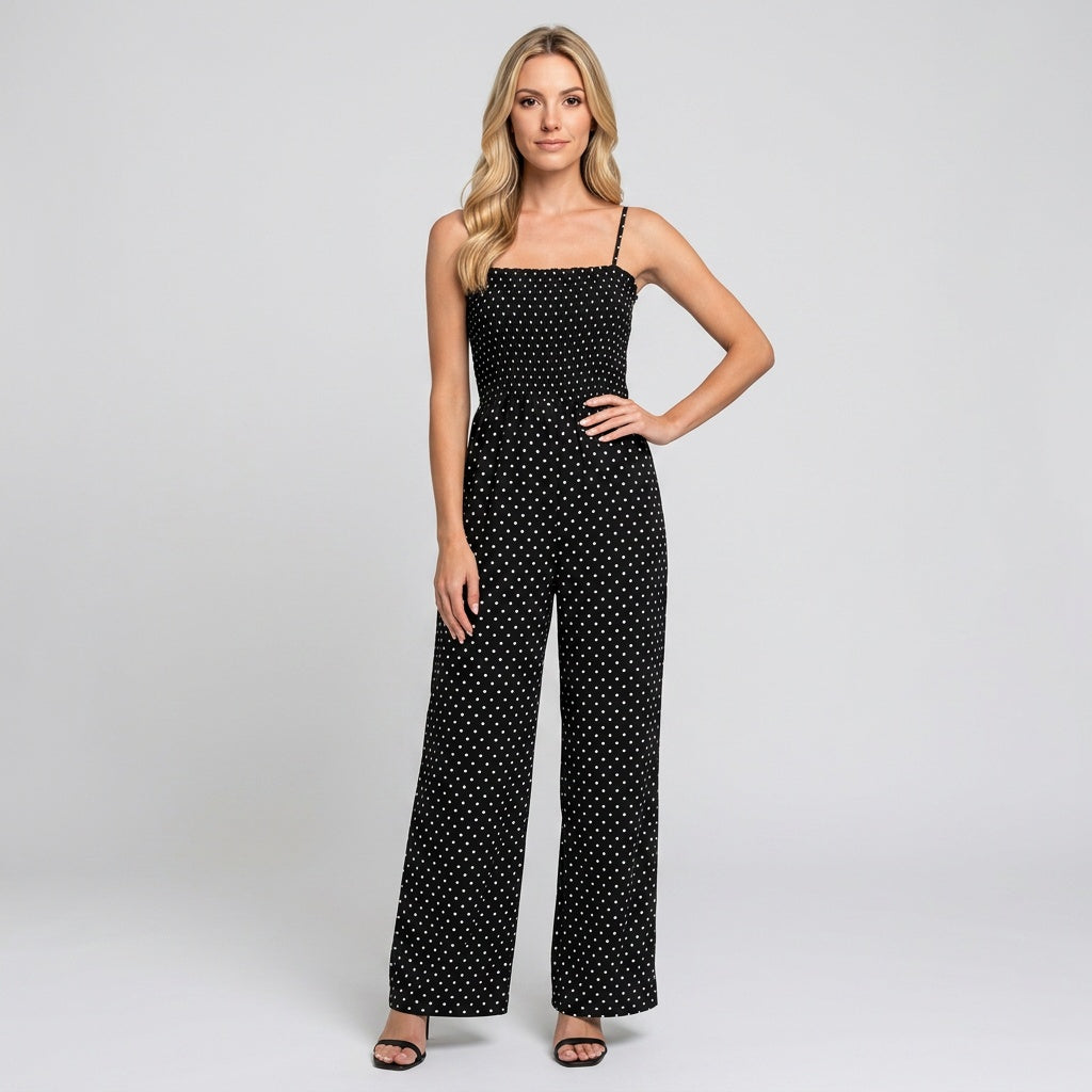 Black glitter strapless jumpsuit with wide legs and thin spaghetti straps