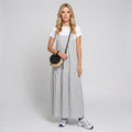 Grey vertical striped maxi dress with smocked bodice and white short sleeves