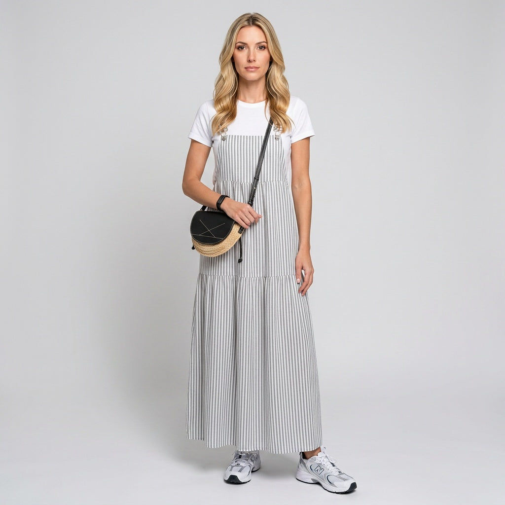 Grey vertical striped maxi dress with smocked bodice and white short sleeves