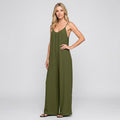 Olive green wide-leg jumpsuit with spaghetti straps and V-neckline
