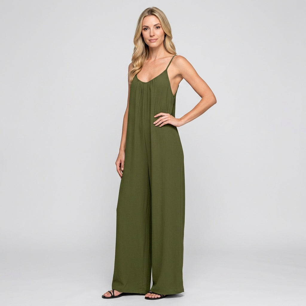 Olive green wide-leg jumpsuit with spaghetti straps and V-neckline