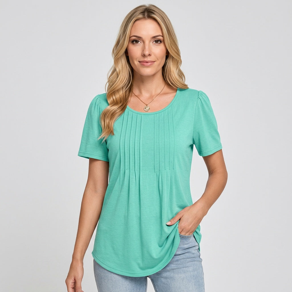 Loose-fit crewneck T-shirt in mint green with short sleeves and vertical pleated front