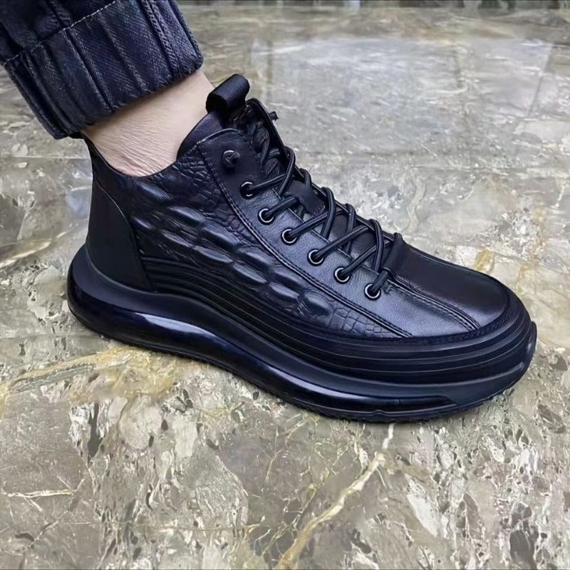 Black lizard-pattern lace-up high-top sneakers with thick dark sole and side stripe lines