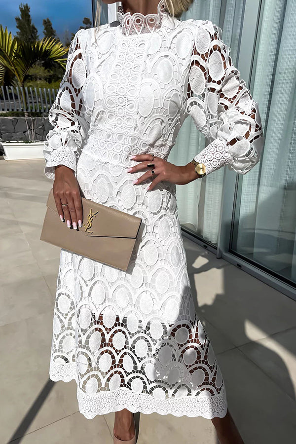 Charlene™ elegant lace midi dress in white, long puff sleeves, high neck