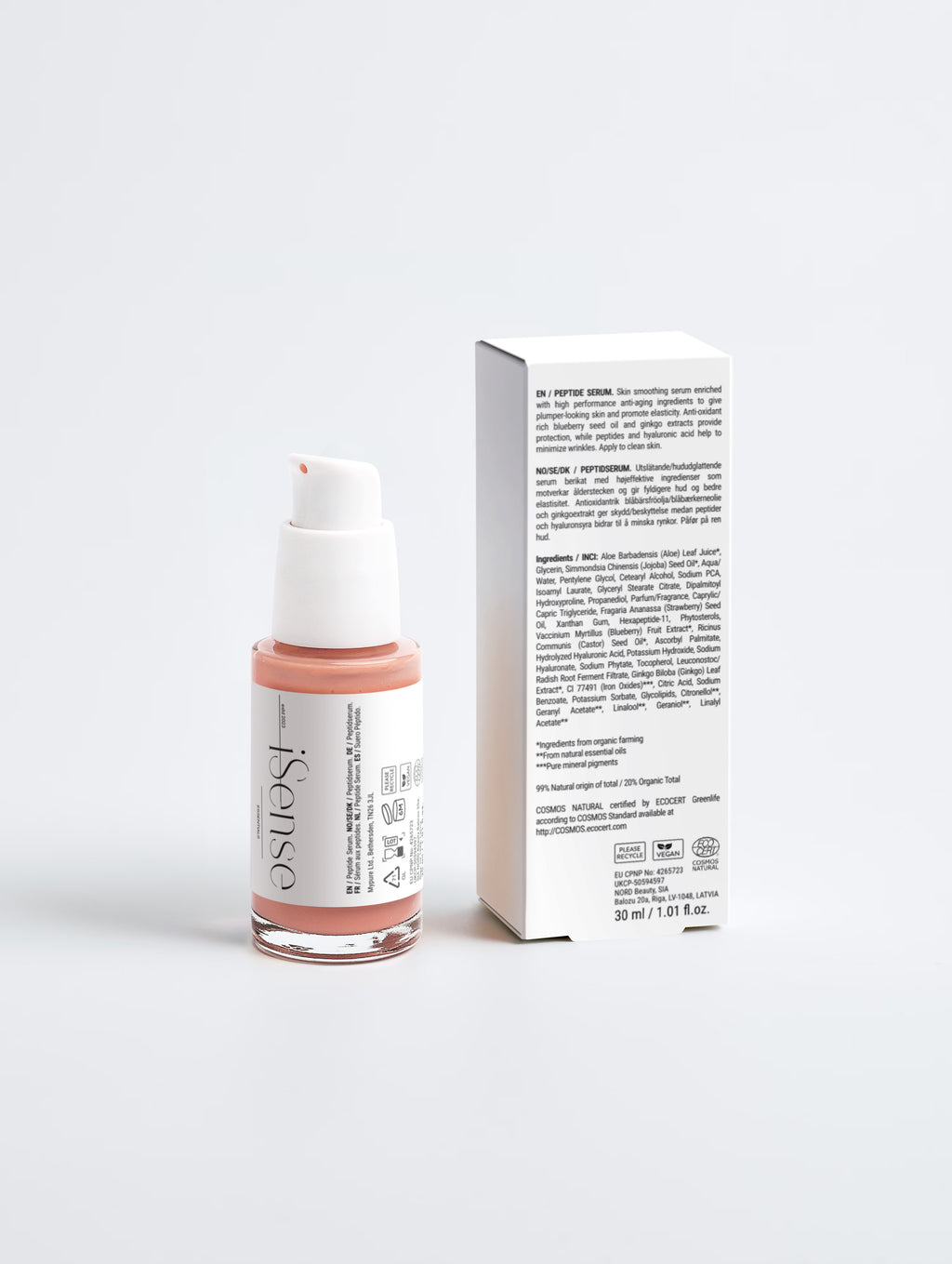 Anti-age peptide gift box with ingredients panel and rose serum pump bottle