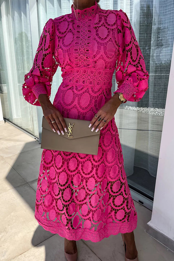 Charlene™ elegant lace midi dress in fuchsia, long puff sleeves, high neck