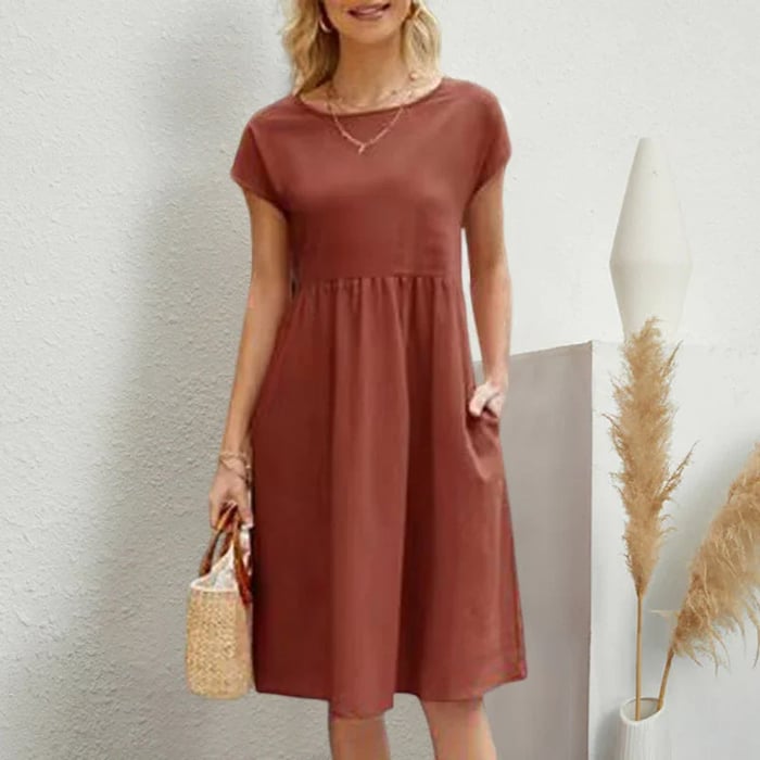 Sophie™ midi dress in terracotta brown, short sleeves, gathered waist, flowing A-line