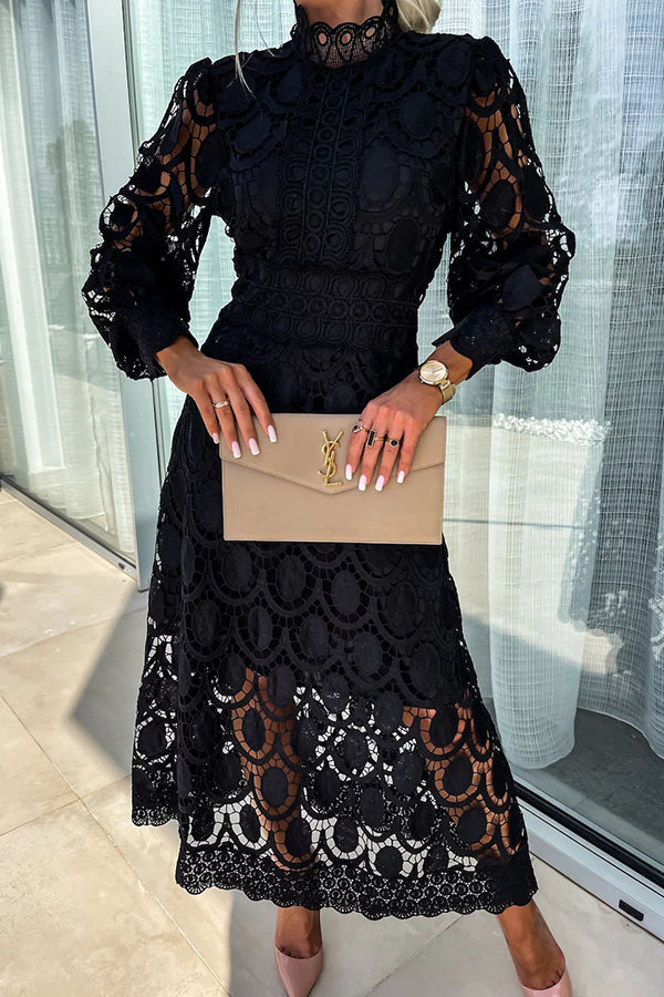 Charlene™ elegant lace midi dress in black, long puff sleeves, high neck