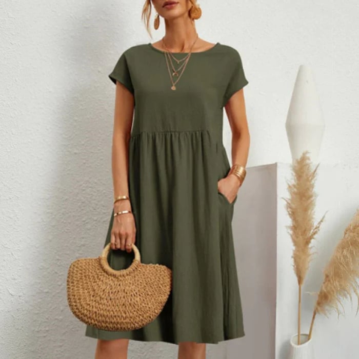 Sophie™ midi dress in dark olive green, short sleeves, gathered waist, flowy A-line