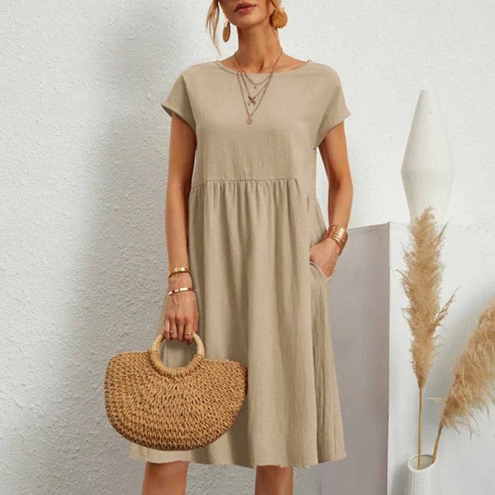 Sophie™ midi dress in beige, short sleeves, gathered waist, flowy A-line skirt