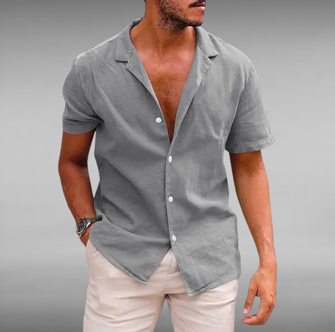 Men's Ruben™ stylish short-sleeve blouse, gray, button-front V-neck collar