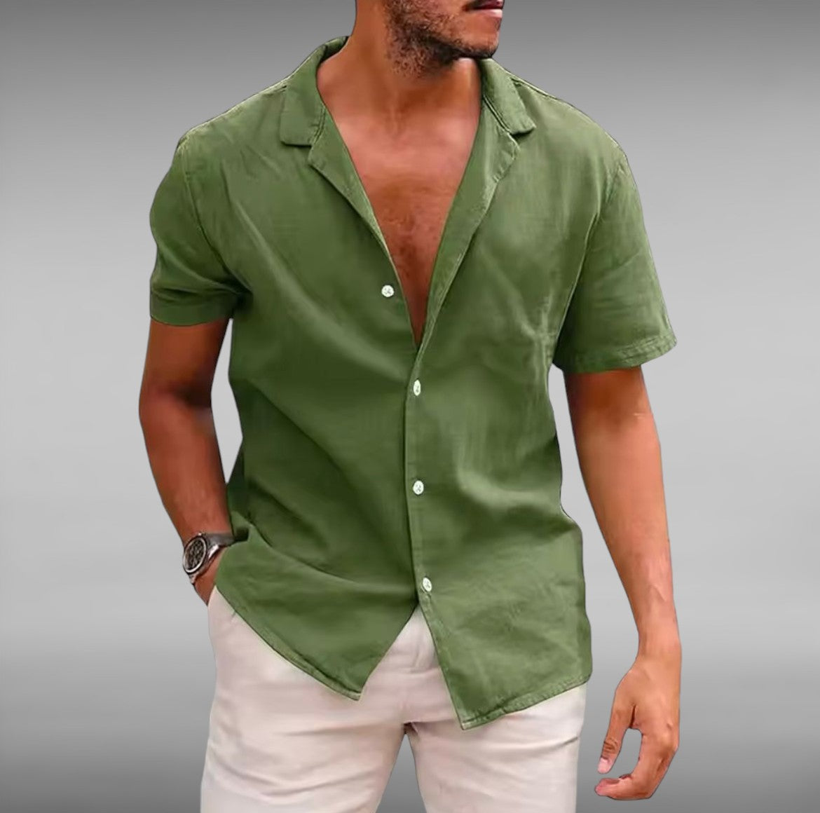 Men's Ruben™ stylish short-sleeve blouse, green, button-front V-neck collar