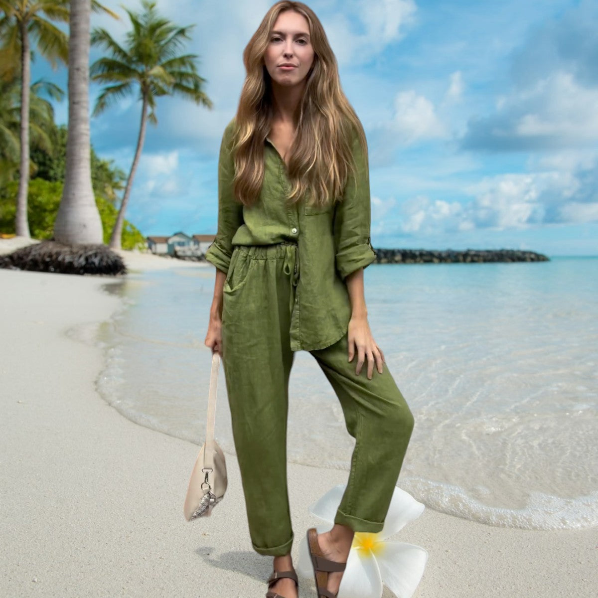 Eline™ summer two-piece set, olive green button-front top with drawstring pants