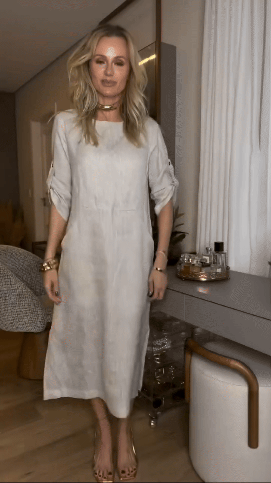 Merel™ white summer dress, loose midi length with long sleeves and crew neckline