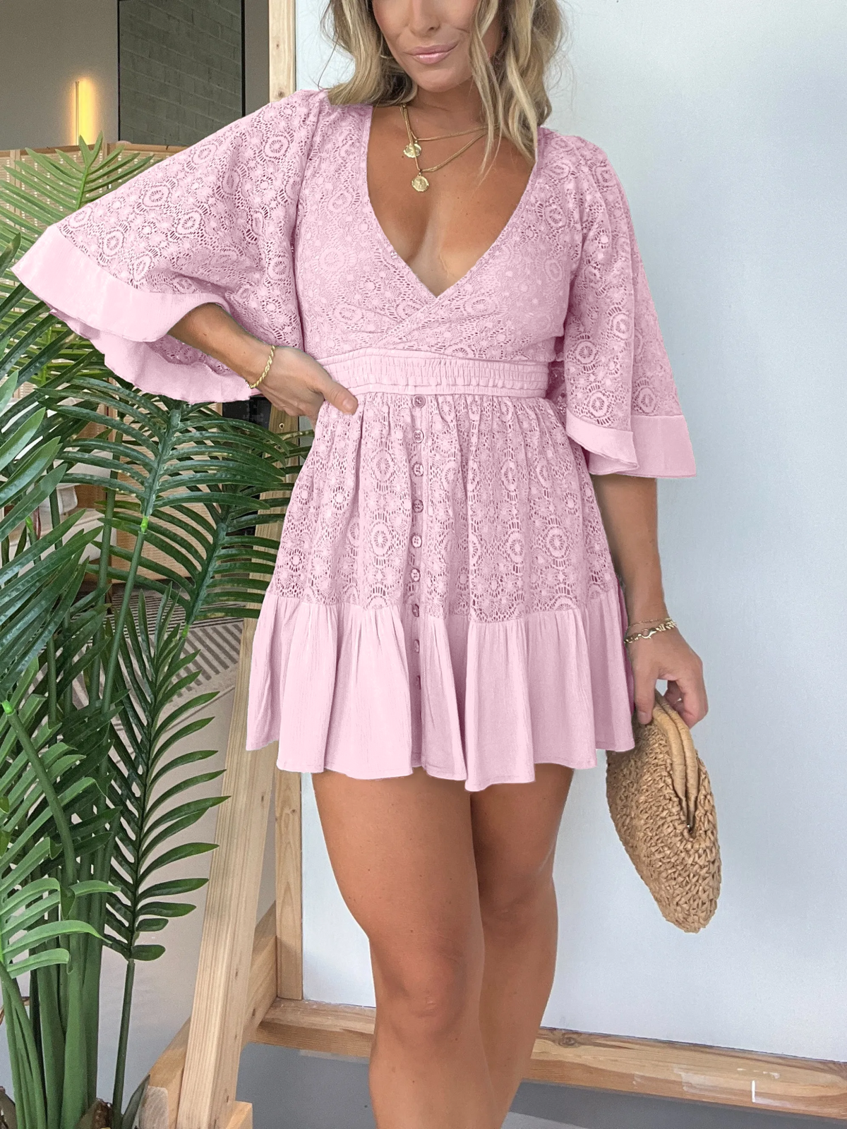 Maru™ summer dress in dusty pink, V-neck, tiered short skirt, flutter sleeves