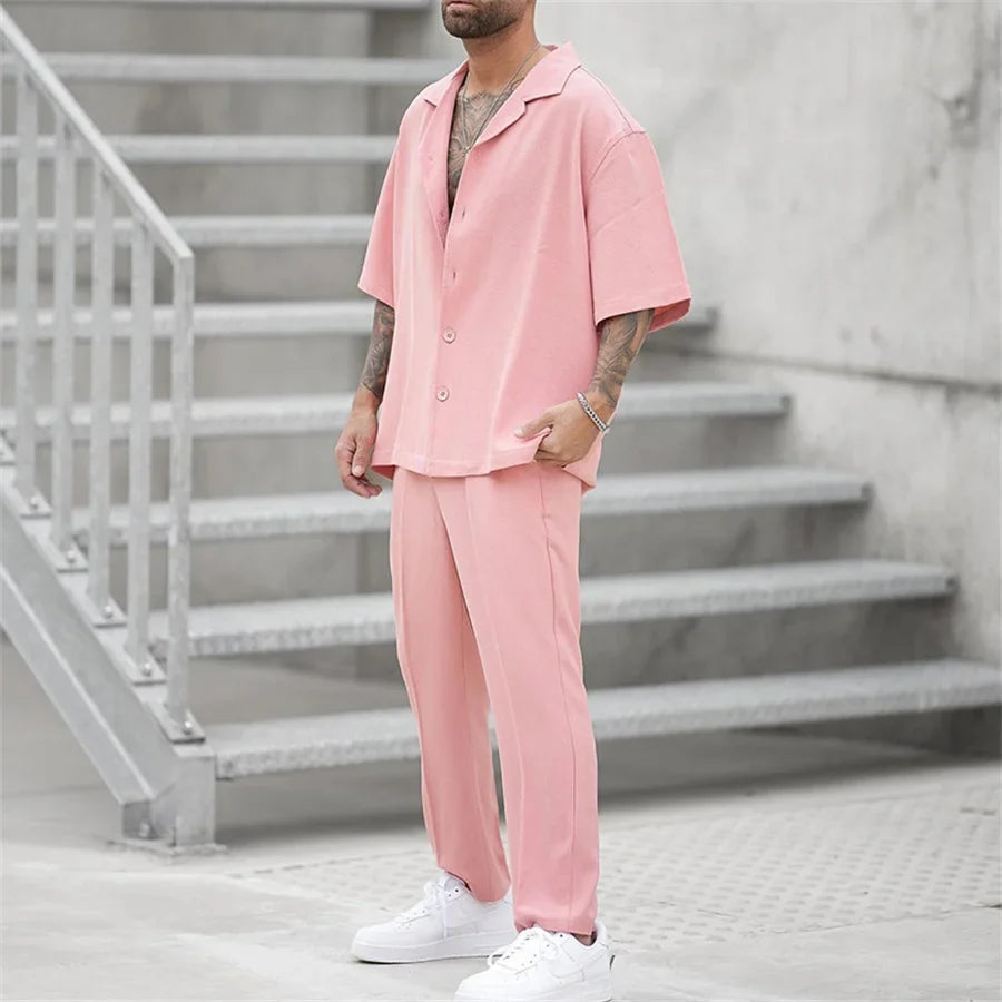 Men's pink linen short-sleeve shirt and matching trousers set with button front