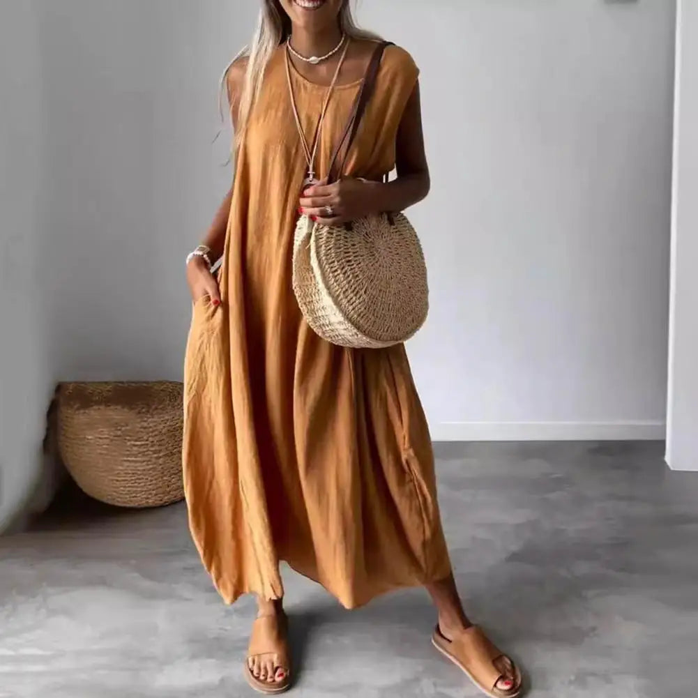 Camel-brown sleeveless midi dress with scoop neck and draped A-line skirt
