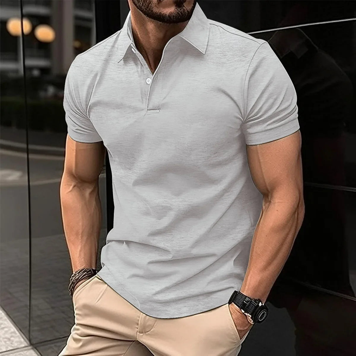 Men's light gray polo shirt with collar and short sleeves