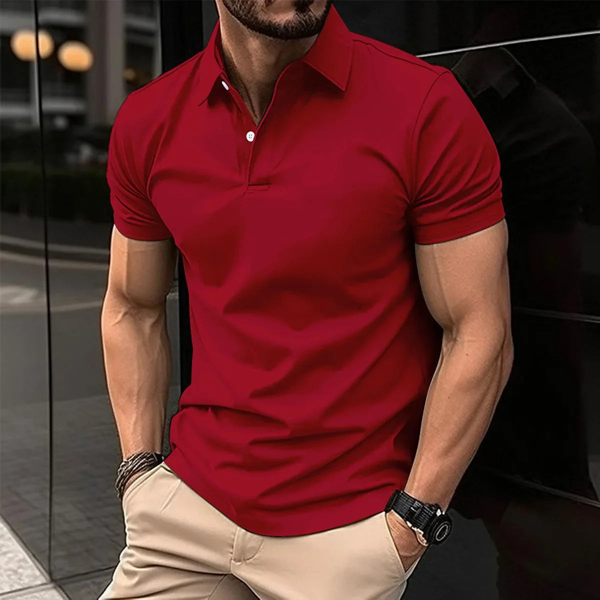 Men's red polo shirt with collar and short button placket
