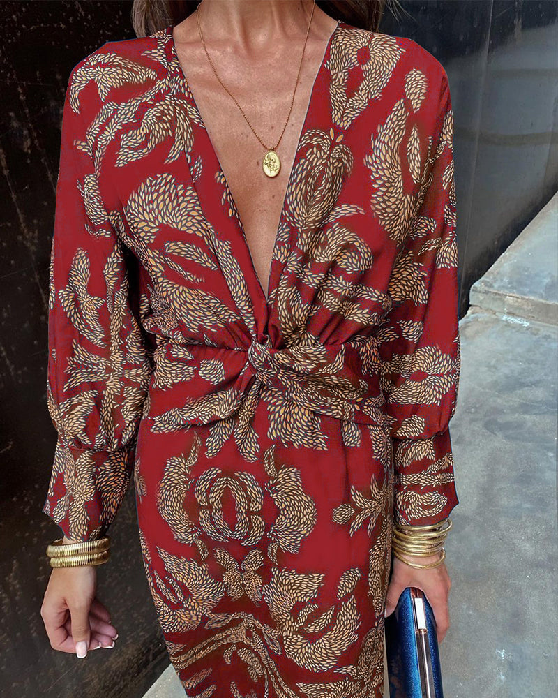 Gaby™ elegant summer dress, red with gold pattern, V-neck, long sleeves, knotted waist