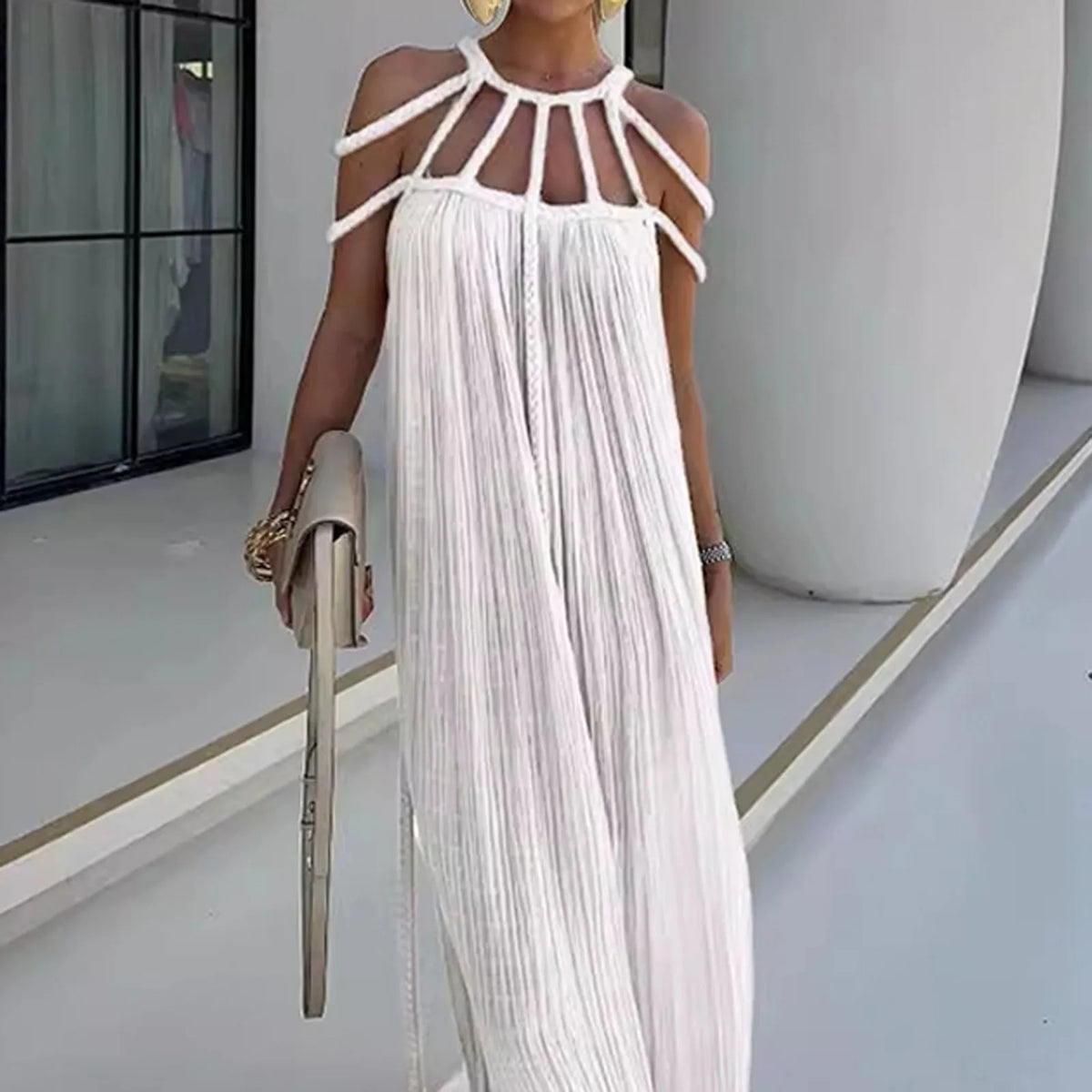 Pleated halter maxi dress with cutout shoulder straps, white