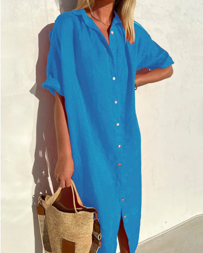 Dinie™ cotton shirt dress, blue button-front with short sleeves and V-neck.
