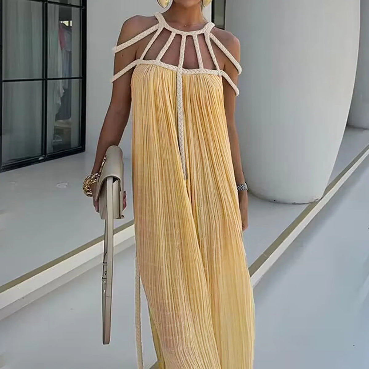 Pleated halter maxi dress with cutout shoulder straps, beige