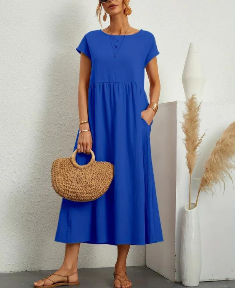 Ruby summer dress in royal blue, tiered midi with short sleeves and scoop neckline